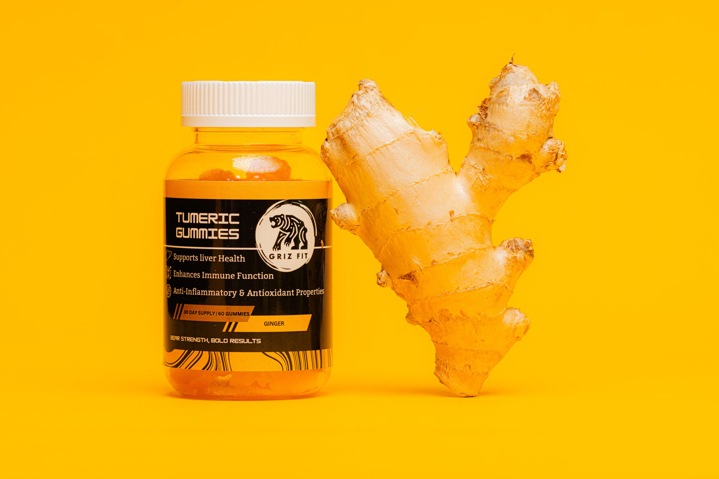 Griz Fit turmeric gummies product shot showing bottle