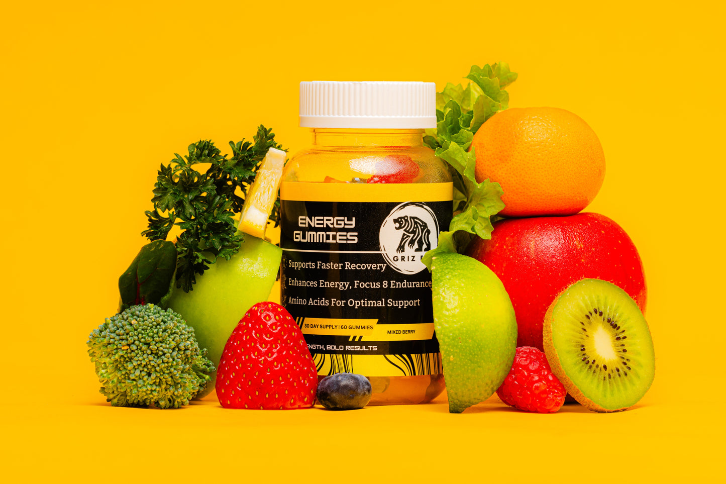 Griz Fit energy gummies product shot showing bottle