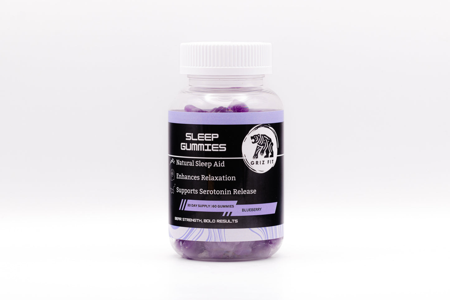 Natural sleep aid gummies in blueberry flavor, formulated with melatonin, valerian root, l-theanine, and 5-HTP for deep, restorative sleep