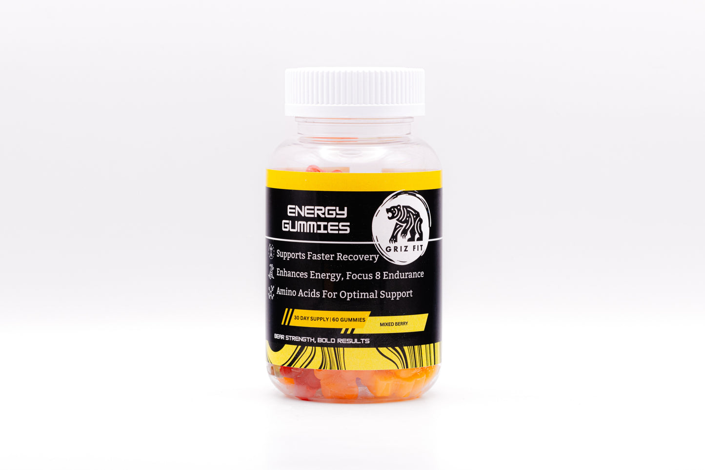 Energy supplement gummies in mixed berry flavor, formulated with caffeine and l-theanine for balanced energy without jitters