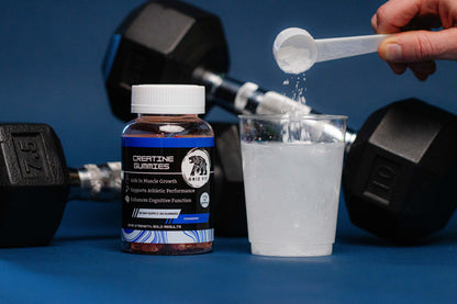 Creatine gummies bottle with water and weights in the background