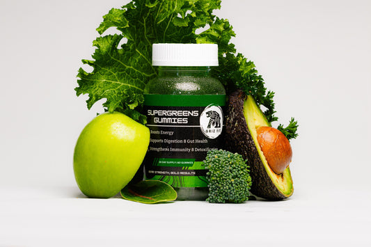 Griz Fit supergreen gummies product shot showing green bottle