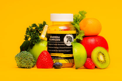 Griz Fit energy gummies product shot showing bottle