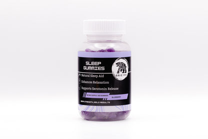 Natural sleep aid gummies in blueberry flavor, formulated with melatonin, valerian root, l-theanine, and 5-HTP for deep, restorative sleep