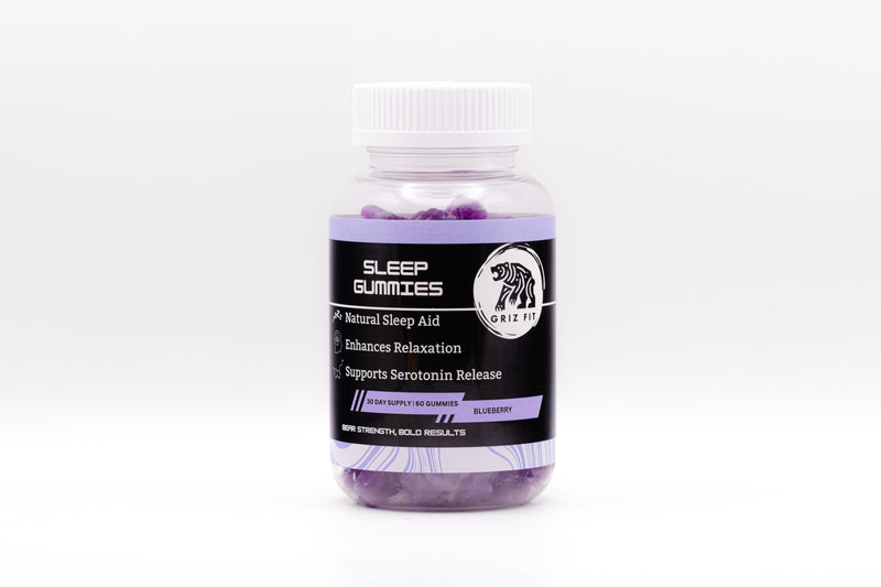 Natural sleep aid gummies in blueberry flavor, formulated with melatonin, valerian root, l-theanine, and 5-HTP for deep, restorative sleep