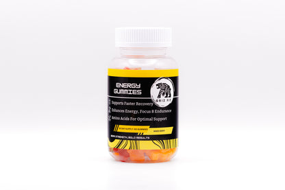 Energy supplement gummies in mixed berry flavor, formulated with caffeine and l-theanine for balanced energy without jitters