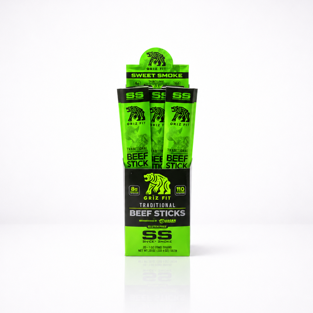 A retail display box of SS Beef Sticks, Sweet Smoke flavor, featuring two individual beef sticks in bright neon green and black packaging with a tiger logo, set against a clean white background.