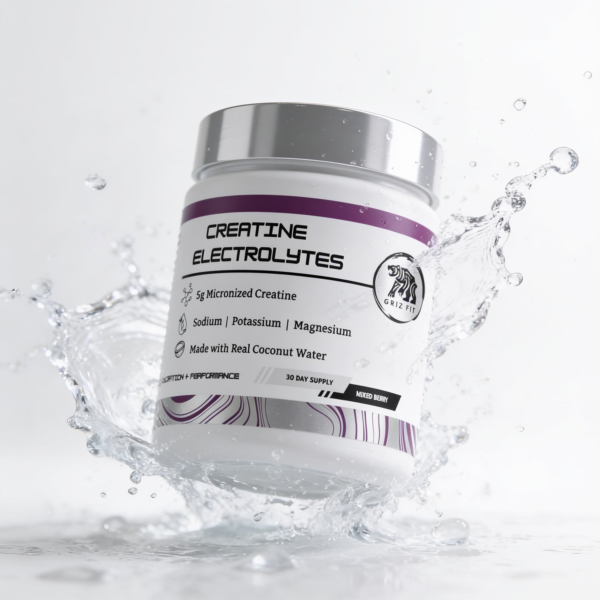 Griz Fit Creatine + Electrolyte Powder lifestyle photo showing product container