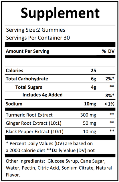 Turmeric gummies supplement facts and ingredients label