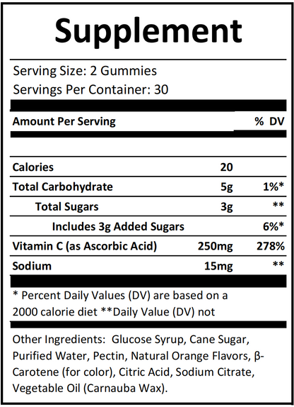 Vitamin C gummies supplement facts and ingredients label