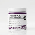 Container of creatine + electrolytes powder with purple and white design on a white background