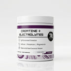 Container of creatine + electrolytes powder with purple and white design on a white background