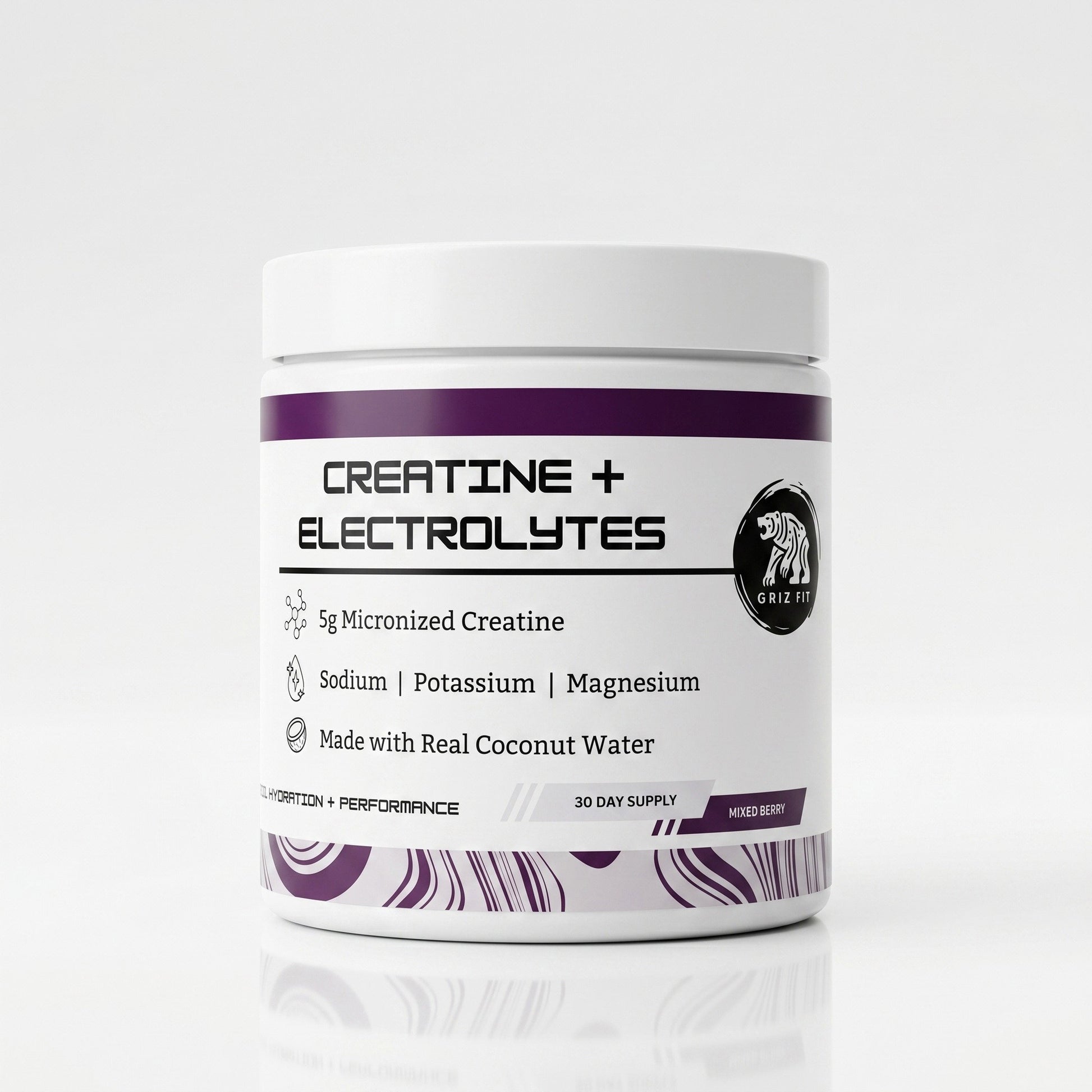 Container of creatine + electrolytes powder with purple and white design on a white background