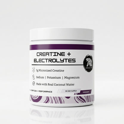 Container of creatine + electrolytes powder with purple and white design on a white background